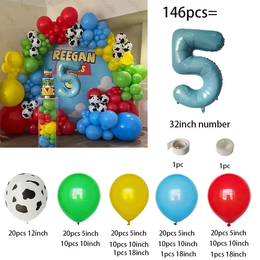 A colorful latex balloon garland kit featuring blue, green, and red balloons arranged around a sign with the name REEGAN.