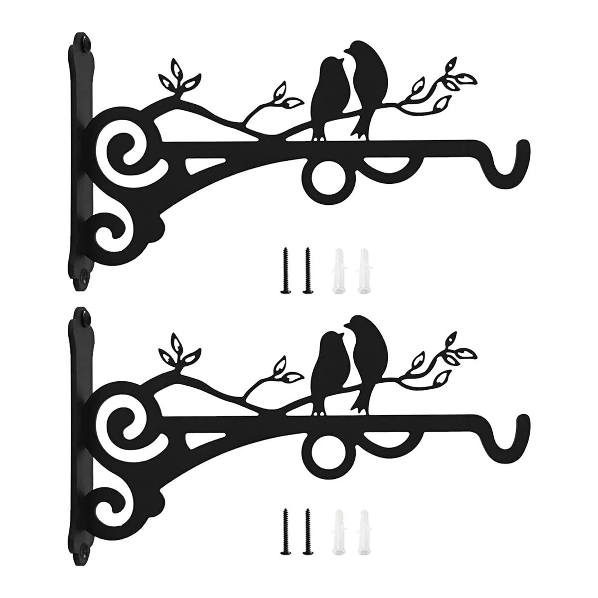 Black vintage iron wall hooks featuring stylized branches and birds for plant and garden decor