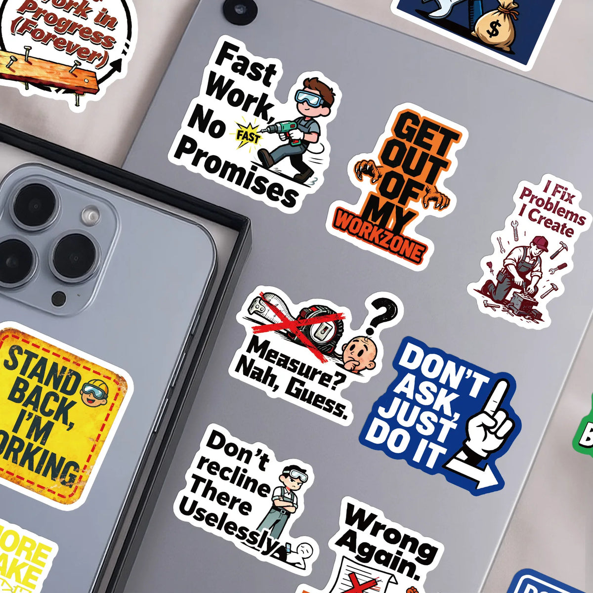 A collection of funny text decals featuring motivational and humorous phrases for phones, laptops, and luggage.