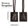 Brown scapular with a black fabric tag featuring a crown and the inscription Virgen del Carmen