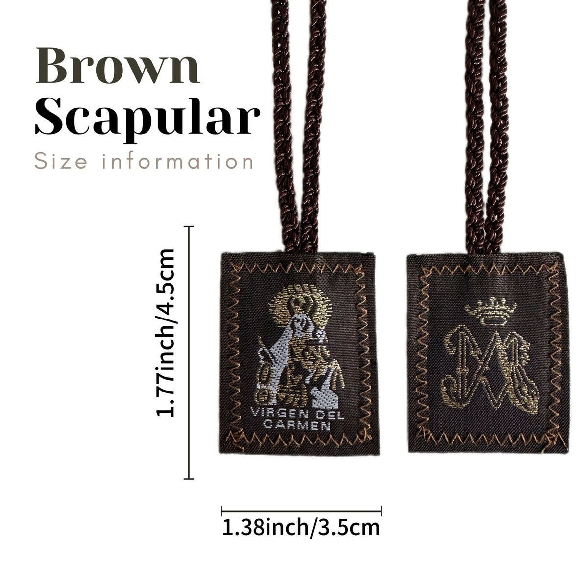 Brown scapular with a black fabric tag featuring a crown and the inscription Virgen del Carmen