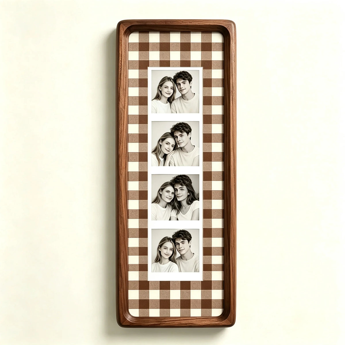 A wooden photo strip frame with a brown and tan checkered pattern displaying five portrait photos of a couple.