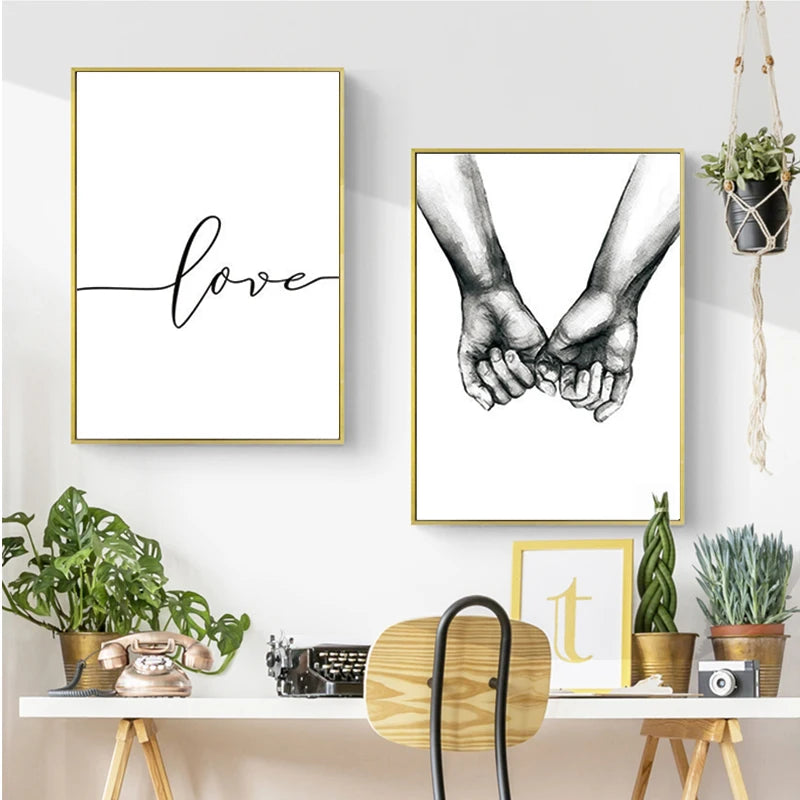 Minimalist couple line art canvas print featuring two hands joined on a white background.