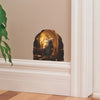 A small mouse figurine is displayed in a wooden decorative niche on a white shelf.