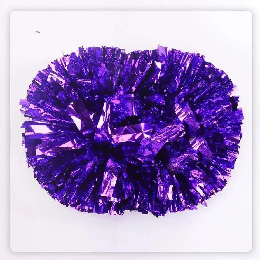 A sphere of vivid purple iridescent tinsel pom poms with a comfortable handle.