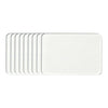 A set of white acrylic fridge magnets with flexible magnetic backing.