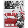 A black and white illustration featuring a character with long hair against a background of red branches and text.