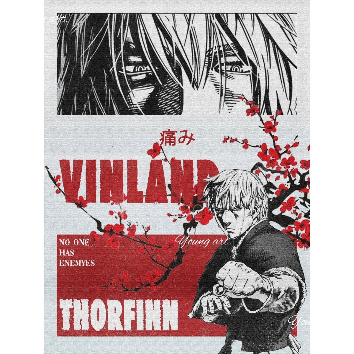 A black and white illustration featuring a character with long hair against a background of red branches and text.