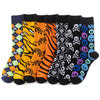 A set of novelty crew socks featuring skull, alien, and tiger prints in various colors.