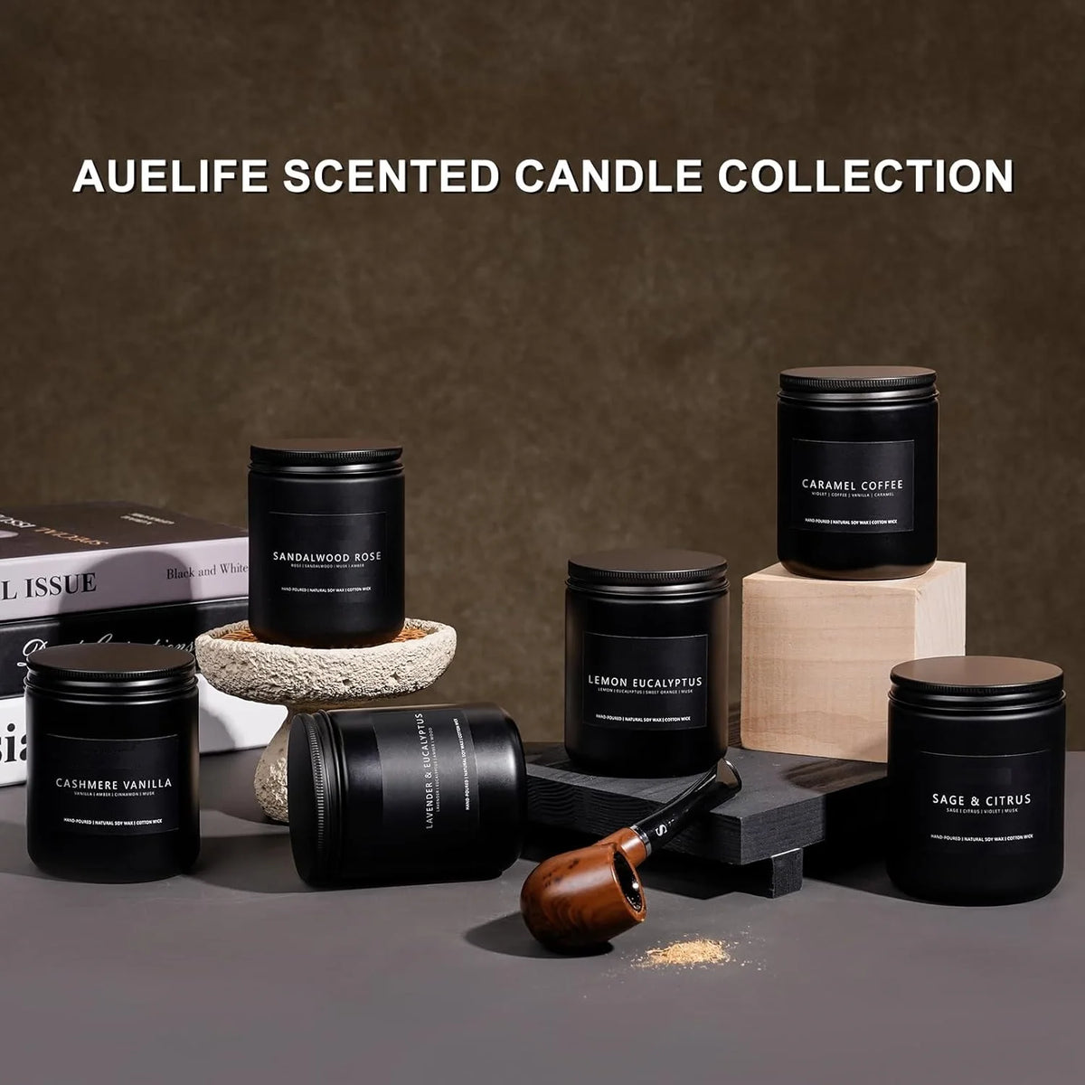 A collection of black scented candles in glass jars, including Caramel Coffee, Lemon Eucalyptus, and Sage & Citrus.