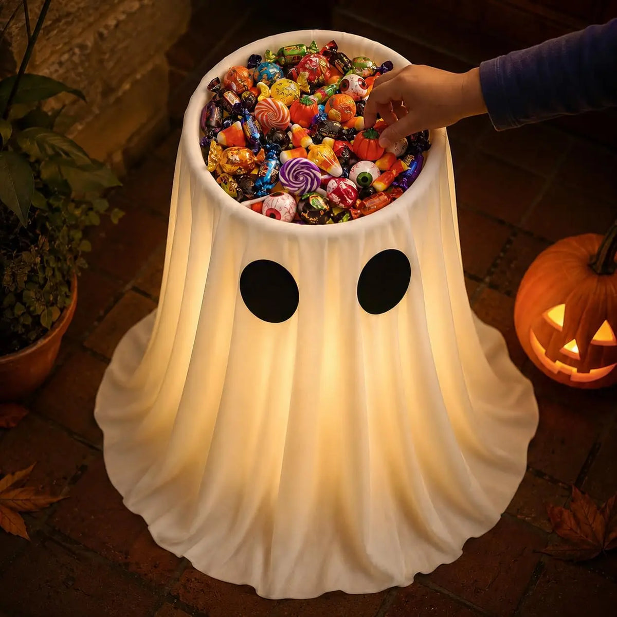 Un bol lumineux en forme de fantôme blanc rempli de bonbons colorés et une main qui plonge dans le bol pour la décoration d'H