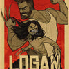A stylized movie poster featuring a muscular man with long hair and claws against a red background, titled Logan March 3