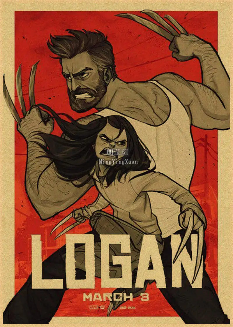 A stylized movie poster featuring a muscular man with long hair and claws against a red background, titled Logan March 3