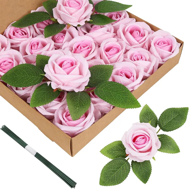 A box filled with 50 pink artificial roses and green leaves, along with a single rose.