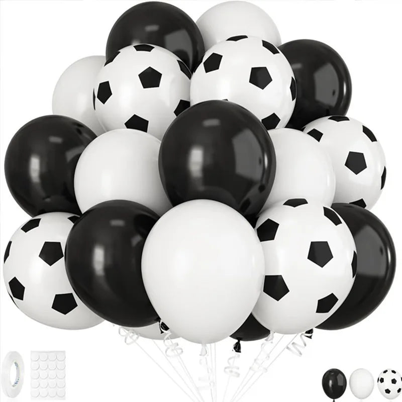 A pack of black and white soccer ball latex balloons for sports party decor