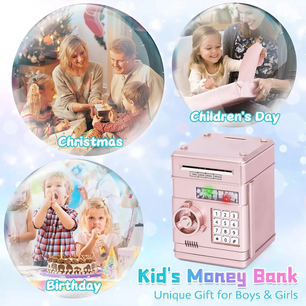 Pink kids money bank with a combination lock and various coin slots for children's gifts