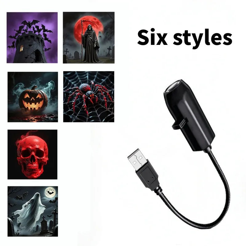 A black projector light featuring six spooky styles including a ghost, skull, and spider web designs.