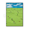 A canvas painting depicting a green golf course under a blue sky with white clouds and several people playing golf.