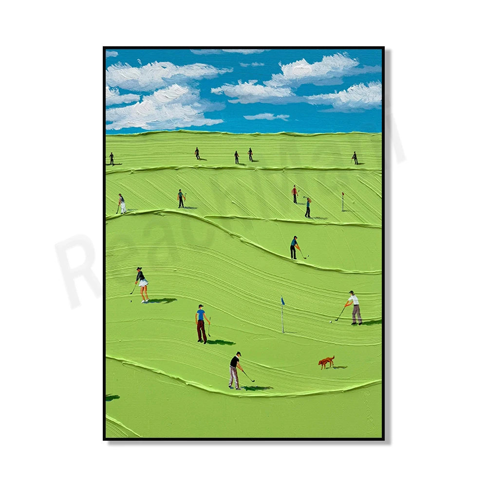 A canvas painting depicting a green golf course under a blue sky with white clouds and several people playing golf.
