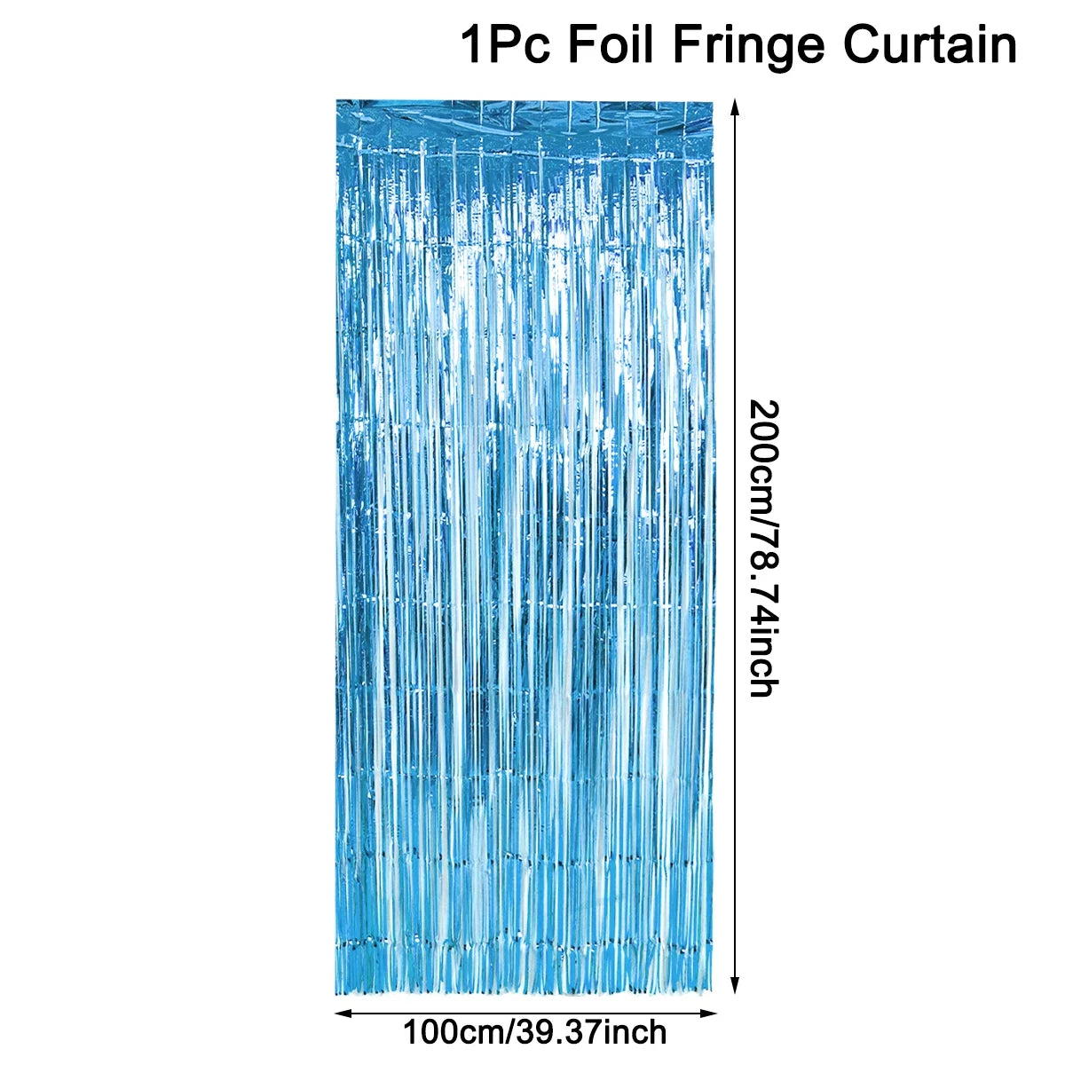 A vertical curtain made of iridescent blue foil fringe used as a party backdrop