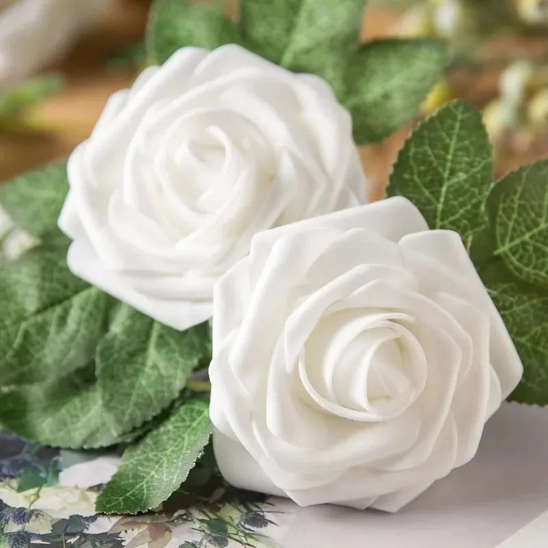 White foam rose flower heads used for weddings and DIY crafts