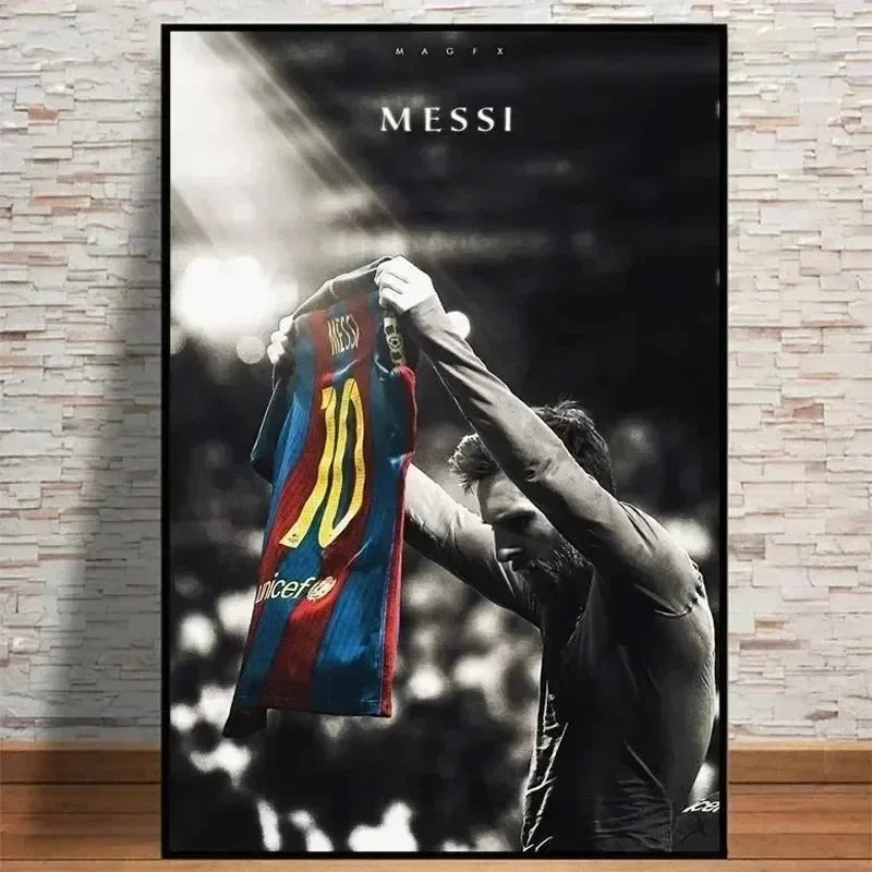 A black and white photo of Lionel Messi celebrating with a football, captured in a dramatic lighting style.