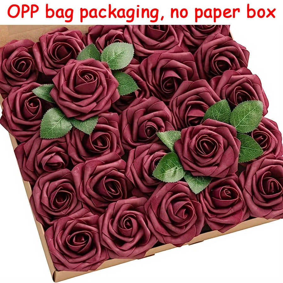 A box filled with deep red artificial rose flowers for packaging or DIY decor.