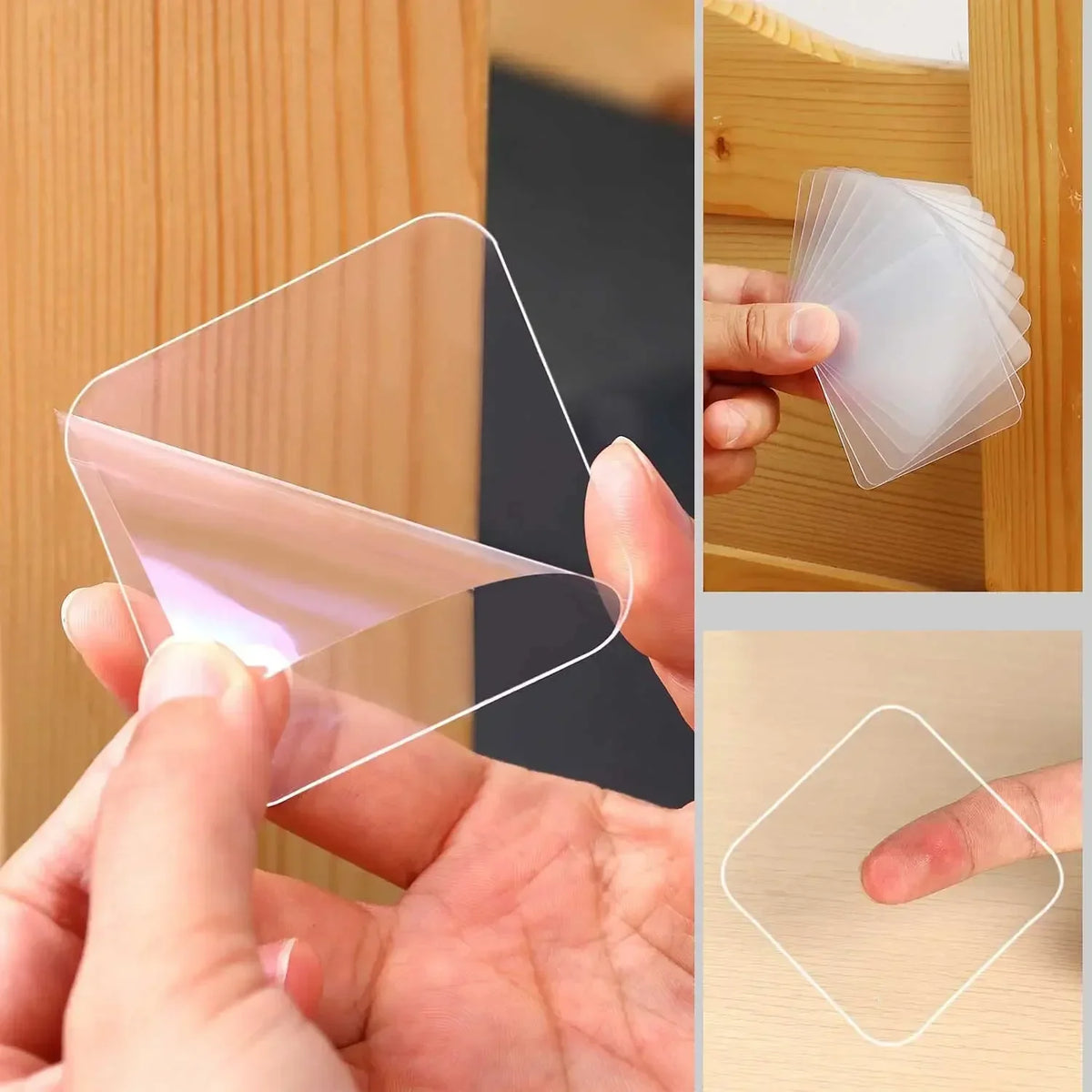 Hand holding a clear double-sided adhesive tape, showing its transparent and flexible nature.