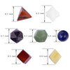 A set of five geometric crystals including red jasper, white quartz, purple amethyst, green aventurine, and yellow citrine.