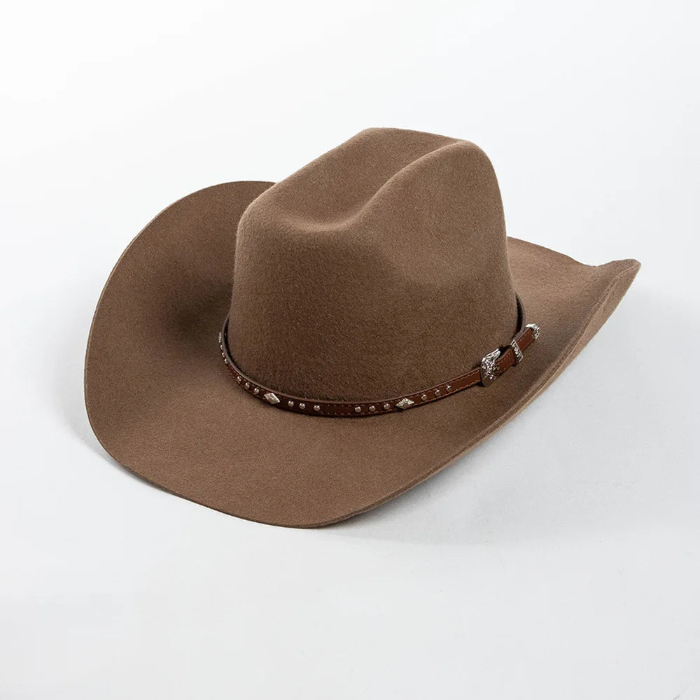 A brown wool cowboy hat with a studded leather band is shown against a white background.