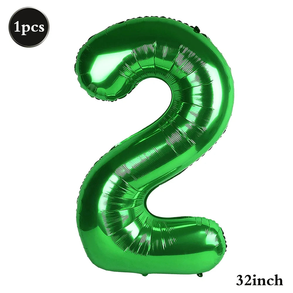 A shiny green foil number balloon shaped like the number 2, measuring 32 inches.