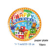 A colorful paper plate decoration set featuring birthday characters and text.