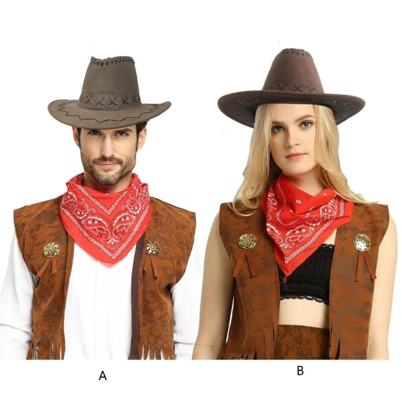 A and B show a classic cowboy costume set including a hat, vest, and scarf.