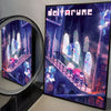 A dark, stylized illustration of a castle interior with purple lighting and gothic architecture featuring the Deltarune title