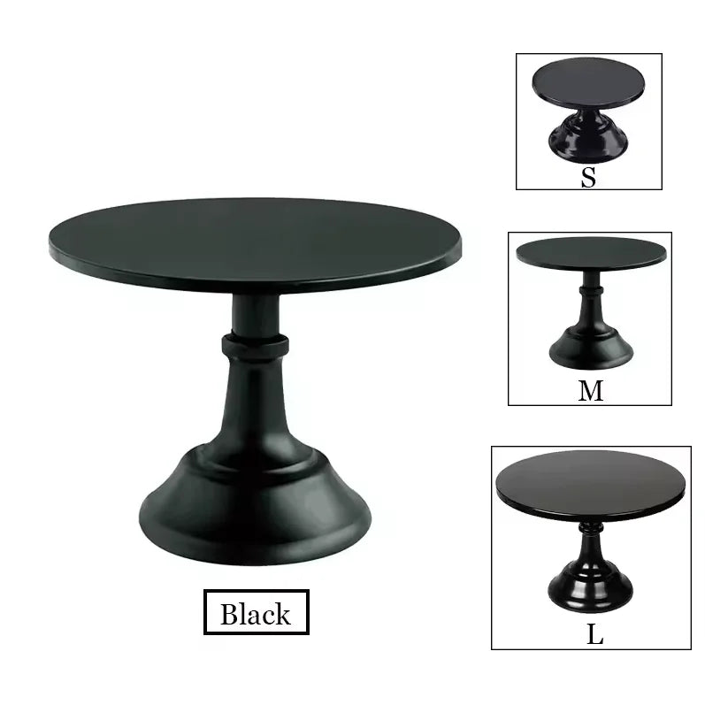 Black metal cake stand with three sizes labeled S, M, and L