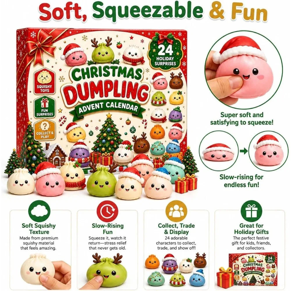 Christmas Dumpling Advent Calendar featuring 24 squishy holiday-themed toys and figures