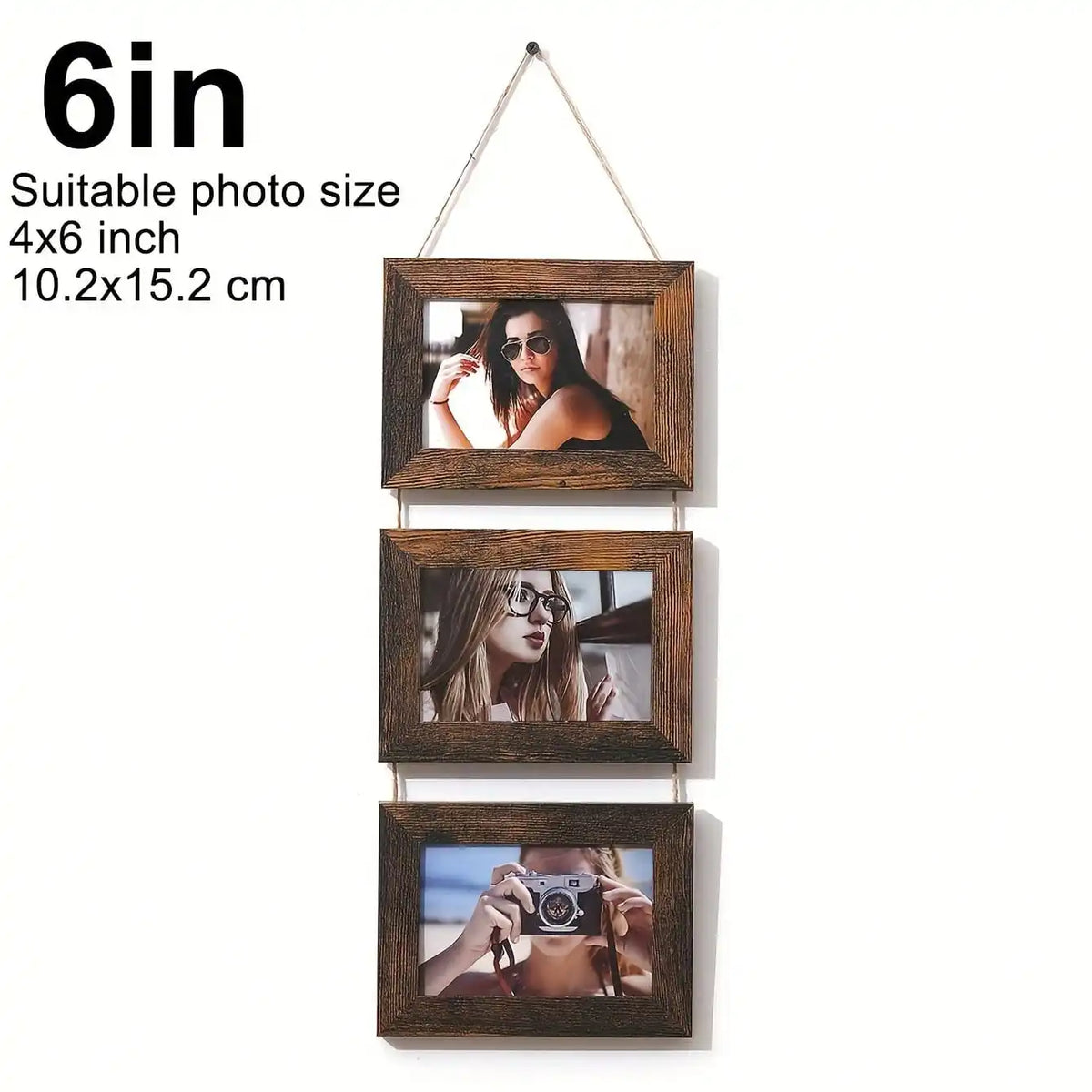 A set of three rustic wooden collage photo frames displayed vertically on a white background.