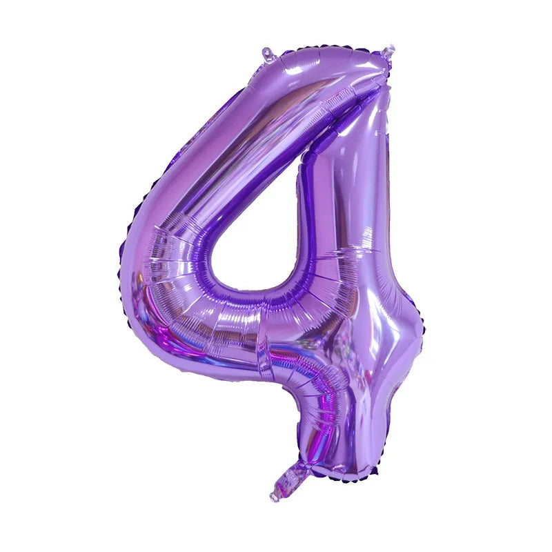 A purple foil balloon shaped like the number 4 for celebrations.
