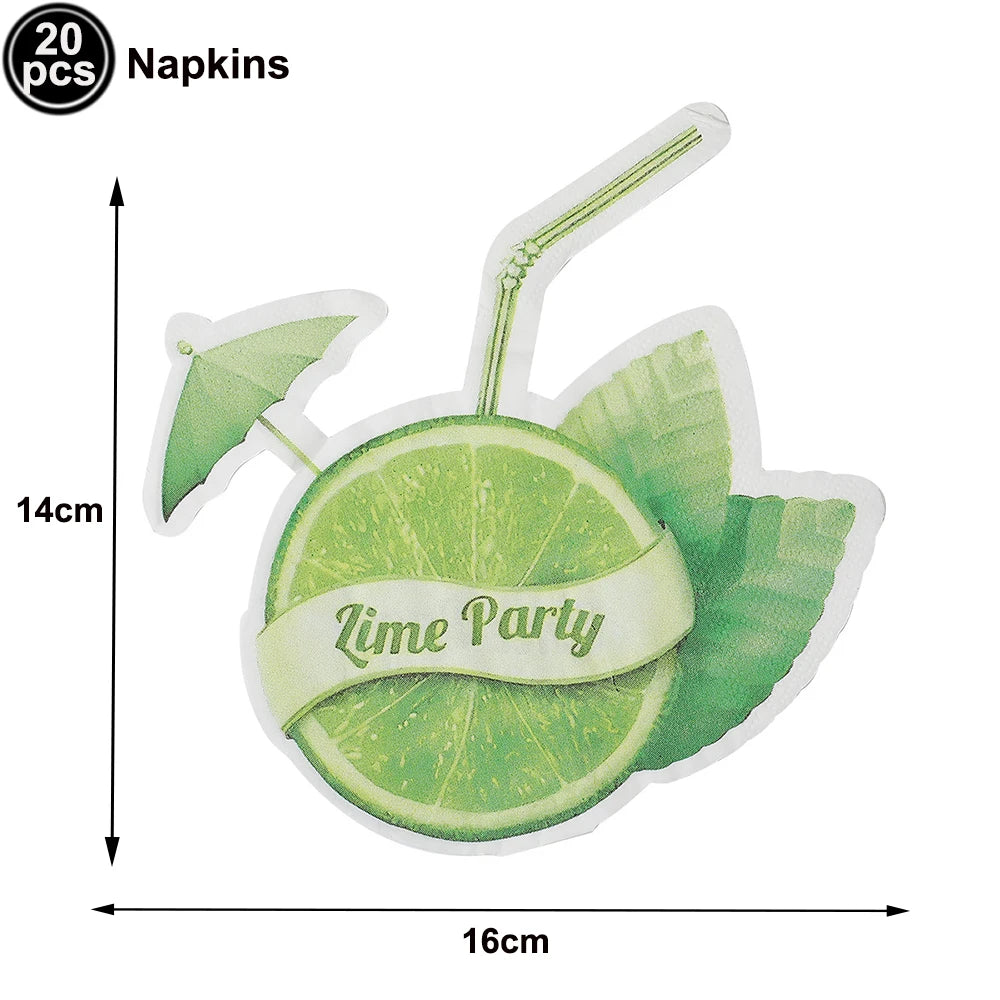 A lime green citrus slice with a ribbon labeled Lime Party and a small green umbrella.