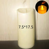 A white cylindrical candle with dimensions 7.5 by 17.5, shown next to a close-up of a flickering flame.