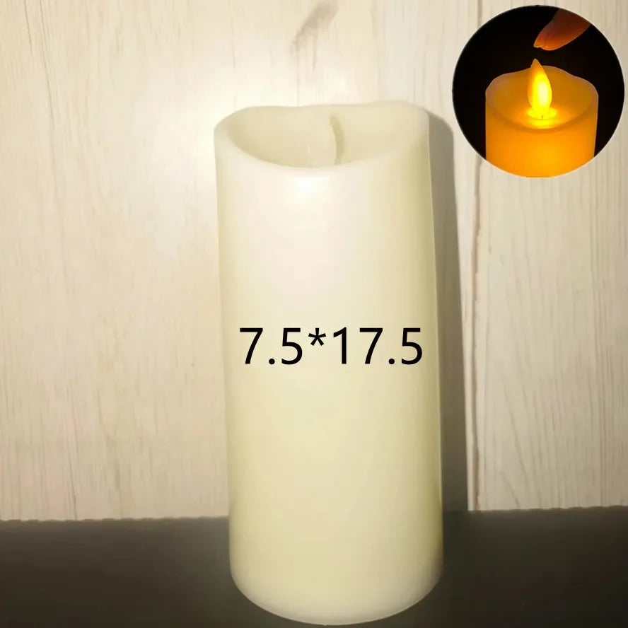 A white cylindrical candle with dimensions 7.5 by 17.5, shown next to a close-up of a flickering flame.