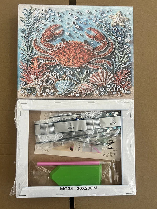 Kit de pintura de diamantes con diseños de cangrejo de mar y coral en lienzo, incluye materiales.
