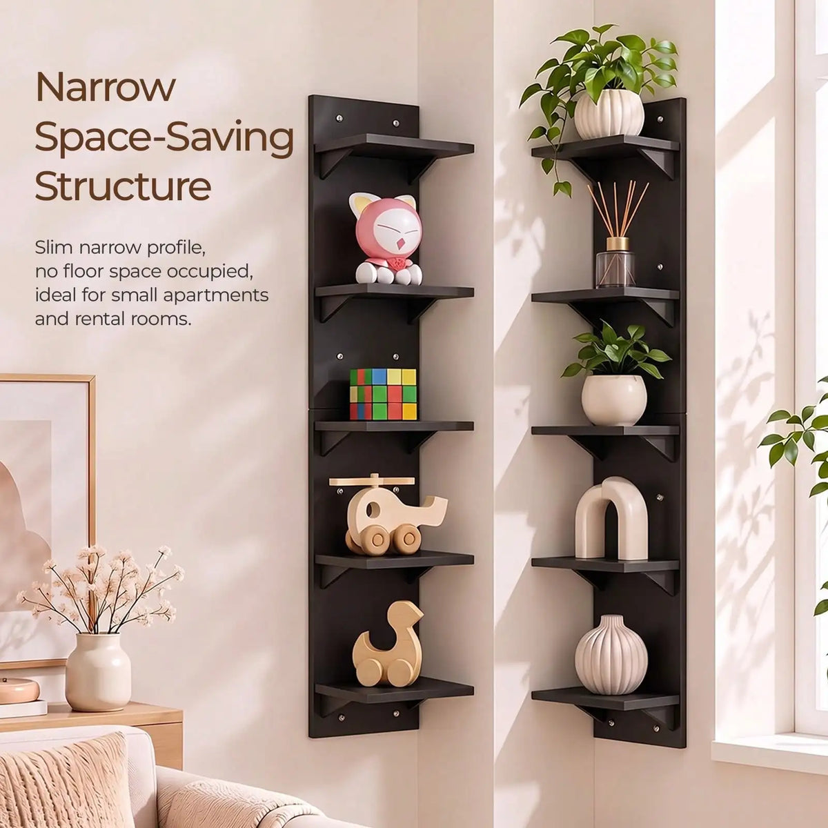 A vertical black wall shelf with five tiers displaying various decorative items like plants and small sculptures.