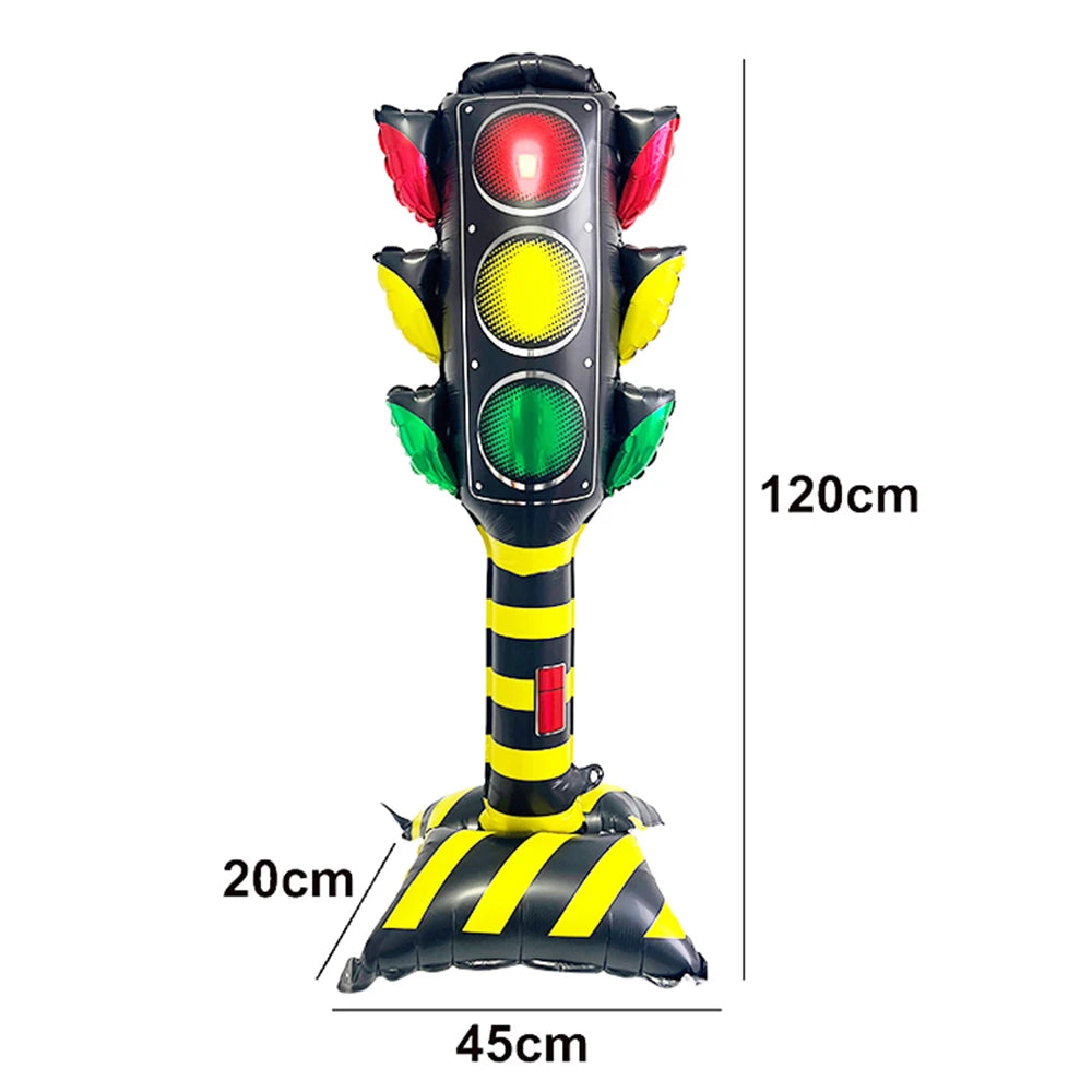 A long, yellow and black race car number balloon with colored lights and a yellow base.