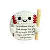 Handmade crochet baseball bat doll with a smiling face and a card that says you are braver than you think