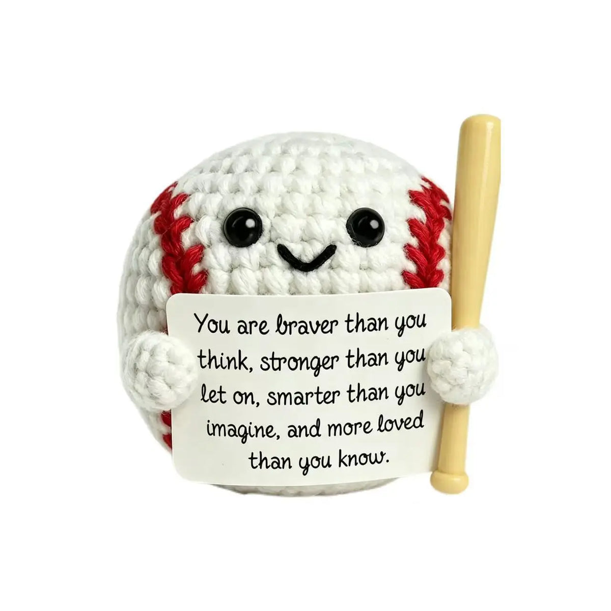 Handmade crochet baseball bat doll with a smiling face and a card that says you are braver than you think
