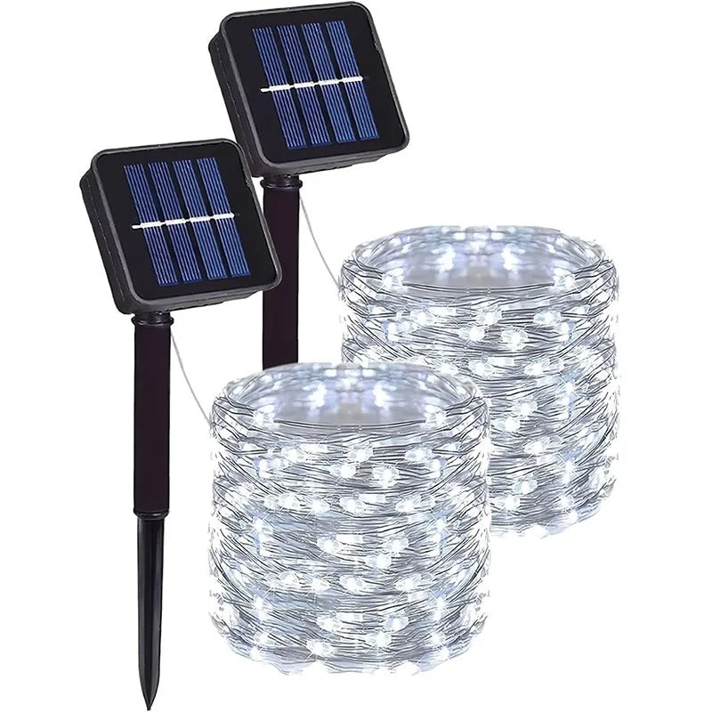 A set of solar-powered outdoor string lights with multiple lighting modes, featuring solar panels and bright white LED strand