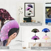 Various colors of vintage bamboo folding hand fans shown in photo frame, in-car use, and wall decoration.