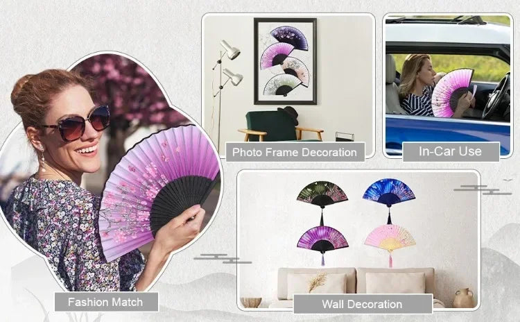Various colors of vintage bamboo folding hand fans shown in photo frame, in-car use, and wall decoration.
