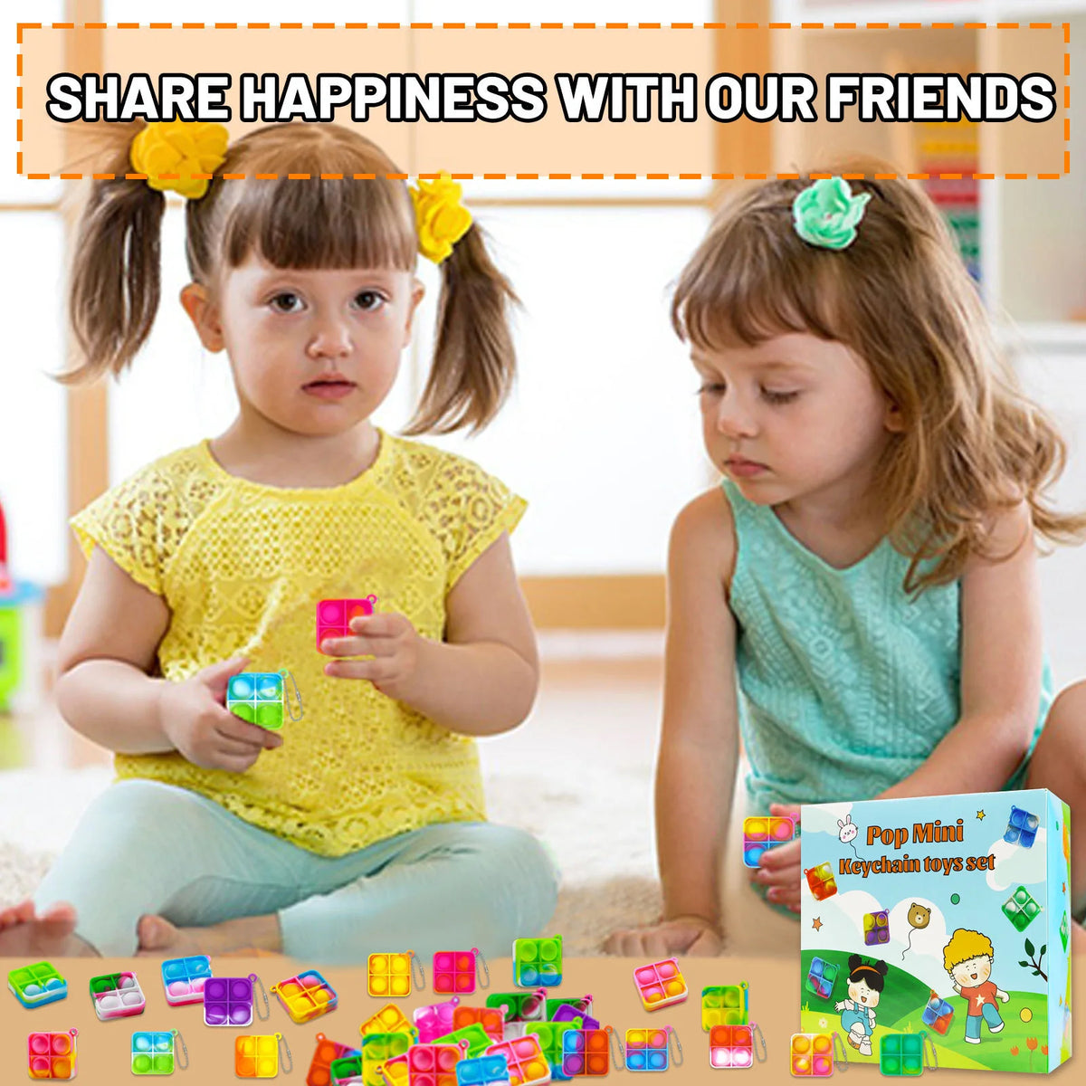 A young girl is holding a colorful mini keychain toy while sitting on the floor surrounded by many similar toys.
